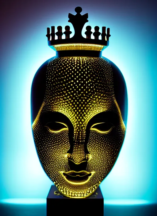 Image similar to ( beautiful female queen chess piece ( top is bioluminescence ) ( bottom is parametric ) ), beautiful face, reflection of led lights, algorithmic, intricate detail, futuristic, very detailed, highly detailed background, sharpfocus, photorealism, soft diffuse autumn lights, some sun light ray, dark room wall, canon 5 d 5 0 mm lens