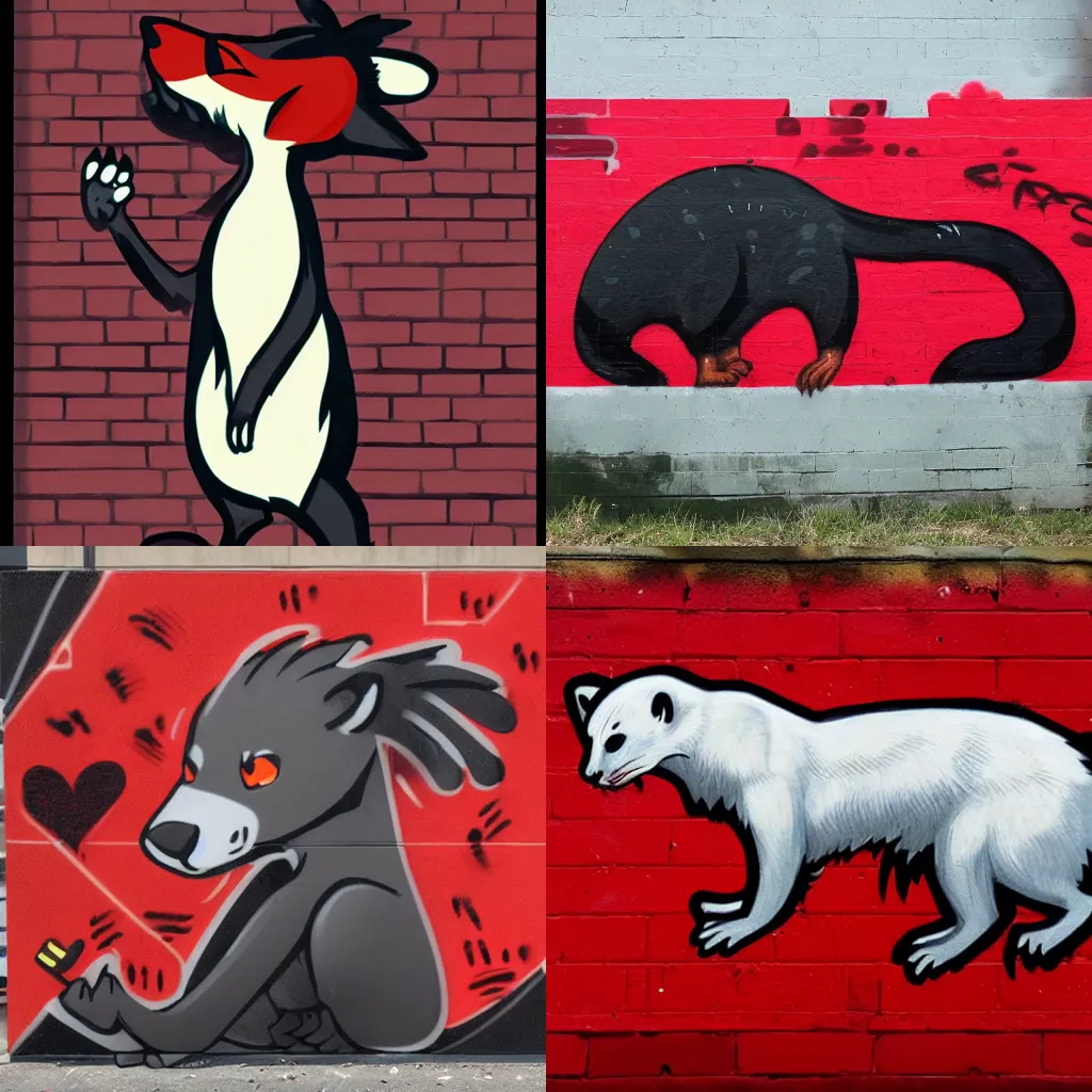 Prompt: ( furry fandom fursona ) > ( weasel * ferret * stoat ) > ( red * black ), ( backing = smoke ) > graffiti > wall