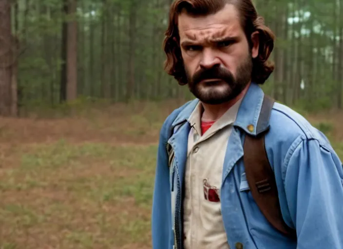 Image similar to film still of jim hopper as steve harrington in stranger things, 8 k