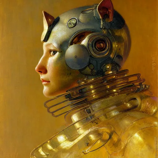 Prompt: highly detailed portrait of an humanoid robotic cat mecha, painting by gaston bussiere, craig mullins, j. c. leyendecker, lights, art by ernst haeckel, john william godward, hammershøi,