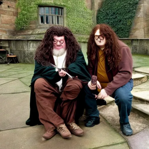 Image similar to harry potter smoking a blunt with hagrid outside hogwarts