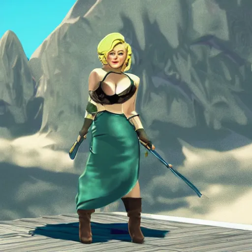 Prompt: marilyn monroe in breath of the wild, in game render, fantasy, cell shading