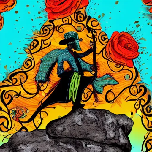 Prompt: skullfaced mexican vaquero, standing on boulder, expanse in background, vibrant colors, deathlike visage, calligraphy, persian folklore illustration