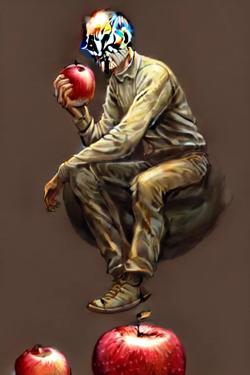 Image similar to ultra realistic illustration, steve jobs sitting on a giant apple, sci - fi, fantasy, intricate, elegant, highly detailed, digital painting, artstation, concept art, smooth, sharp focus, illustration, art by artgerm and greg rutkowski and alphonse mucha