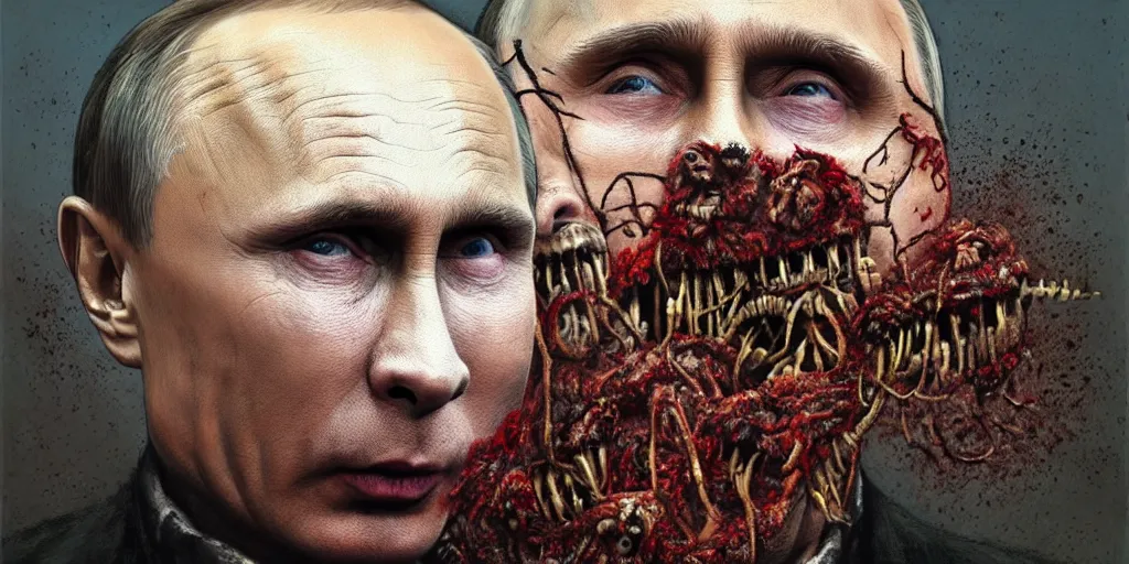 Prompt: highly detailed surreal portrait of vladimir putin's face is eaten by worms, in the background an army of zombies with their mouths sewn shut with wire in the shape of the letter z, style of greg rutkowski and ralph horsley, photorealistic, hyperdetailed, matt painting, digital art, non blurry, sharp, artstation, concept art, smooth, illustration