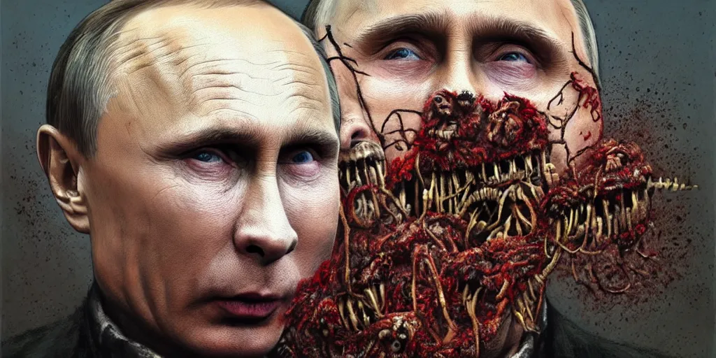 Image similar to highly detailed surreal portrait of vladimir putin's face is eaten by worms, in the background an army of zombies with their mouths sewn shut with wire in the shape of the letter z, style of greg rutkowski and ralph horsley, photorealistic, hyperdetailed, matt painting, digital art, non blurry, sharp, artstation, concept art, smooth, illustration