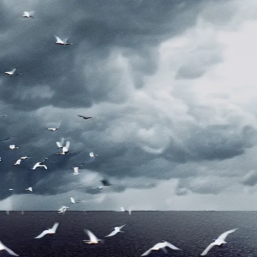 Prompt: a tornado!! made of seagulls, windy, cloudy, realistic reflections, cinematic lighting, 8k, tornado