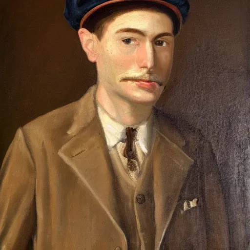 Image similar to portrait of a british young man in a flat cap, a small mustache, and a nice brown suit, oil painting