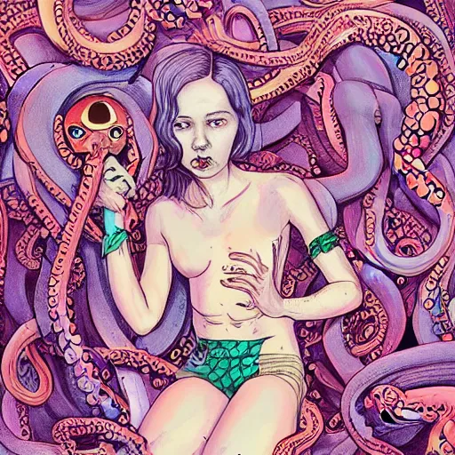 Prompt: a sad humanoid octopus girl with tentacles instead of limbs sitting on the floor, illustration by Martine Johanna