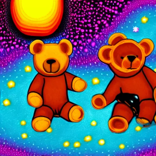 Image similar to a lot of teddy bears fights in epic battle, background a nuclear toxic multi - colored explosion in big town, psychedelic