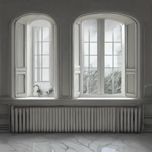 Prompt: cream - colored room, vanilla - colored lighting, marble room, marble slabs, window to night time, night time, warm lighting inside, art by artgerm