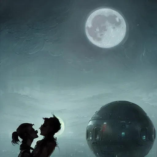 Image similar to A female cyborg kissing their lover, silhouetted by a gigantic Moon, fantasy art by Greg Rutkowski