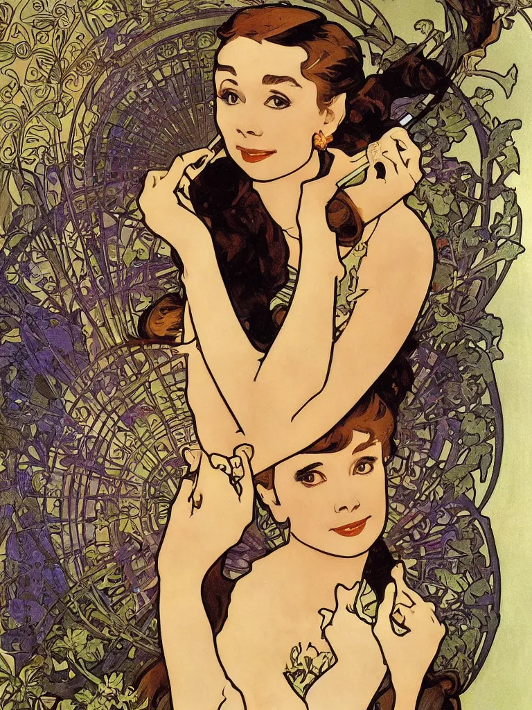 Image similar to three quarter shot audrey hepburn in breakfast at tiffany's by alphonse mucha, art nouveau