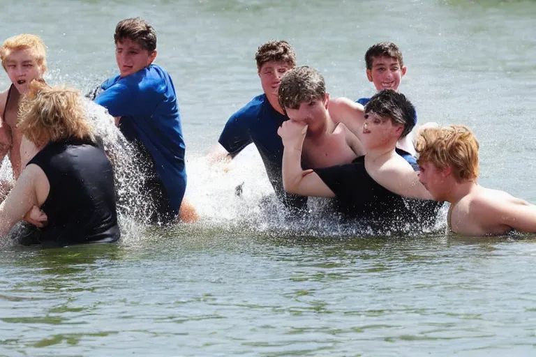 Image similar to Group of teenagers push rolls roys into lake from small slide