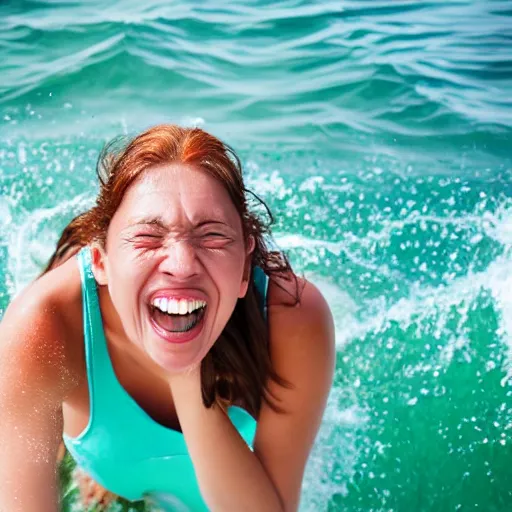 Prompt: woman in ocean laughing