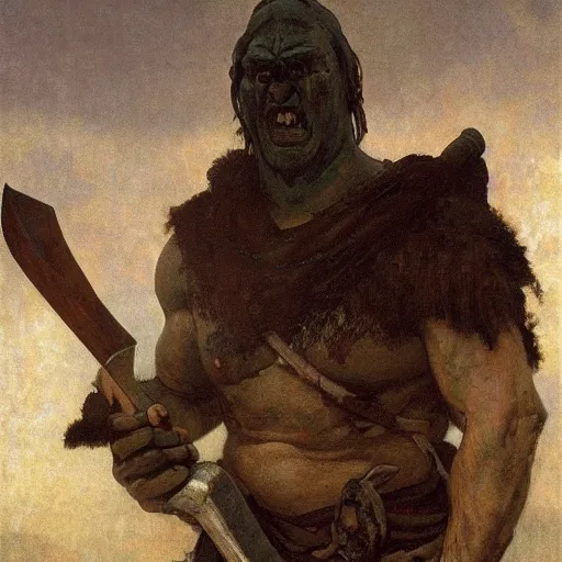 Image similar to half portrait of orc barbarian wearing a closed cowl holding a axe! jeremy mann, jean leon gerome, alphonse mucha, greg rutkowski, hood covers his eyes, ( ( ruins of ancient rome ) ), at dusk, mysterious atmosphere, sunrays, dof, masterpiece, high detailed, 8 k