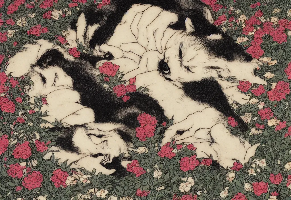 Prompt: chiaroscuro portrait of one single wolf cub sleeping in a bed of flowers, in the center of the picture by gharliera and takato yamamoto + anime, japanese kappademon + insane details wow high octane render