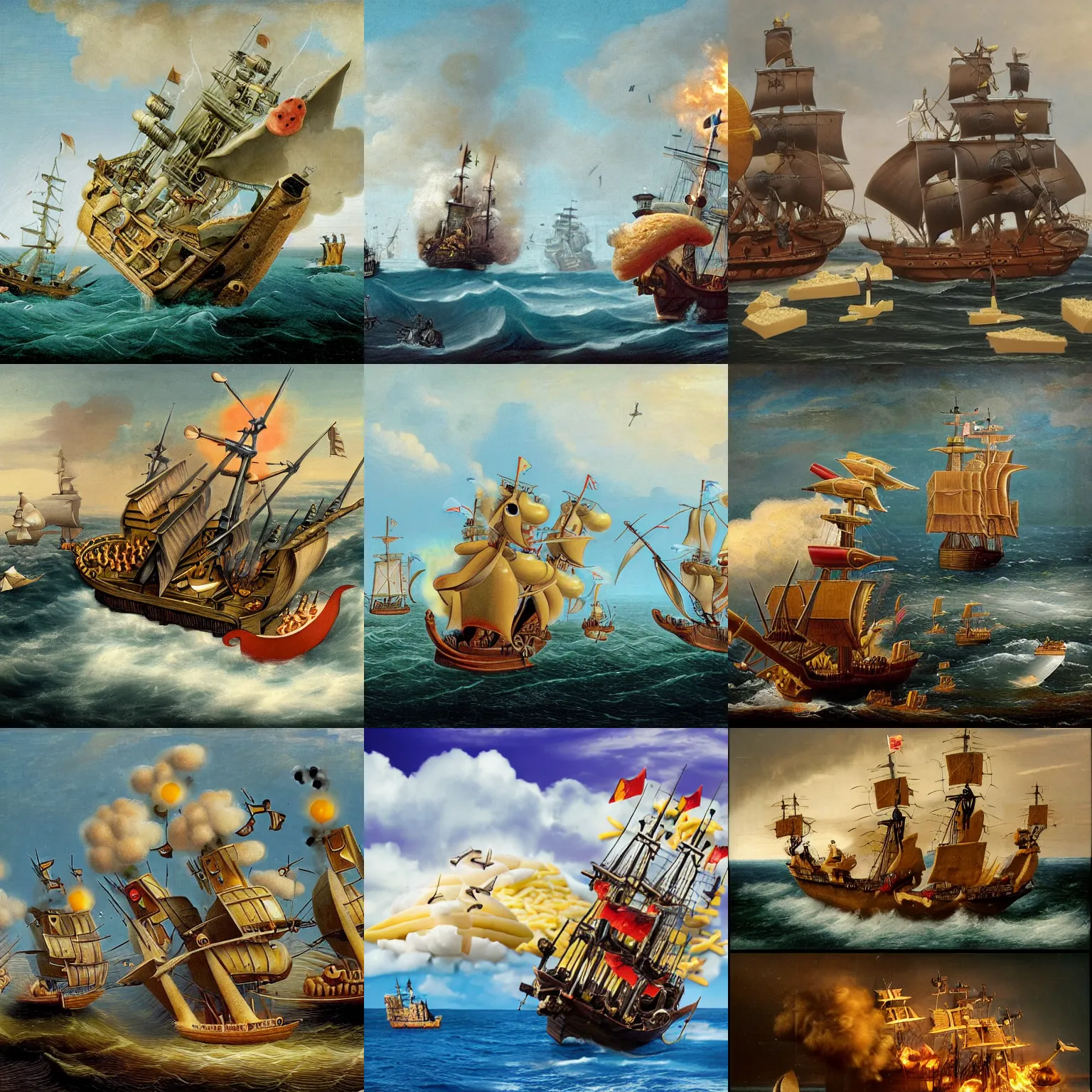 Prompt: a cannon battle between two ships at sea. the pirate ship is made out of cheese. the pirate ship fires olives as projectiles at the other ship, a merchant ship made out of bread.