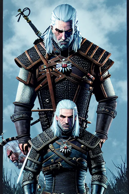 Image similar to poster of geralt from witcher 3, by yoichi hatakenaka, masamune shirow, josan gonzales and dan mumford, ayami kojima, takato yamamoto, barclay shaw, karol bak, yukito kishiro