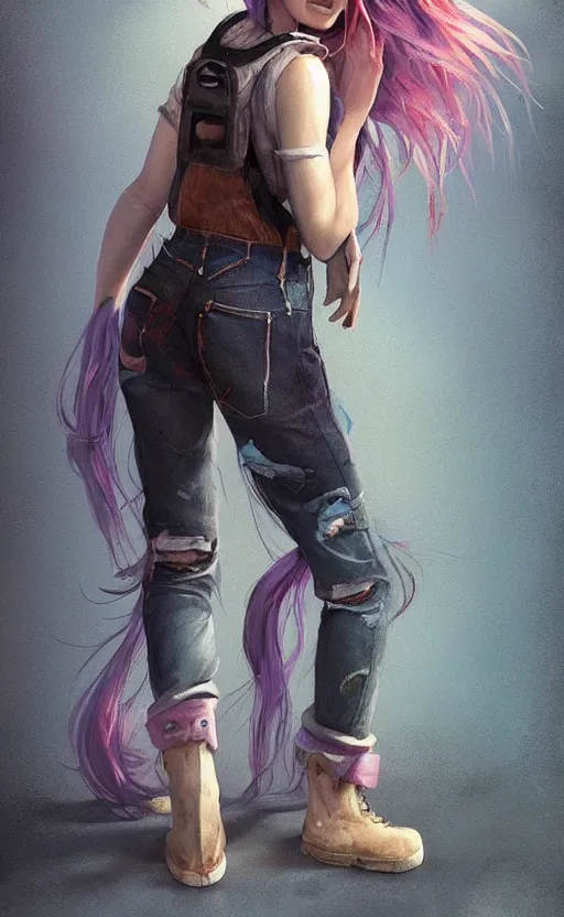 Prompt: a grungy pixar woman with rainbow hair, drunk, angry, soft eyes and narrow chin, dainty figure, long hair straight down, torn overalls, short shorts, combat boots, basic white background, side boob, symmetrical, single person, style of by Jordan Grimmer and greg rutkowski, crisp lines and color,