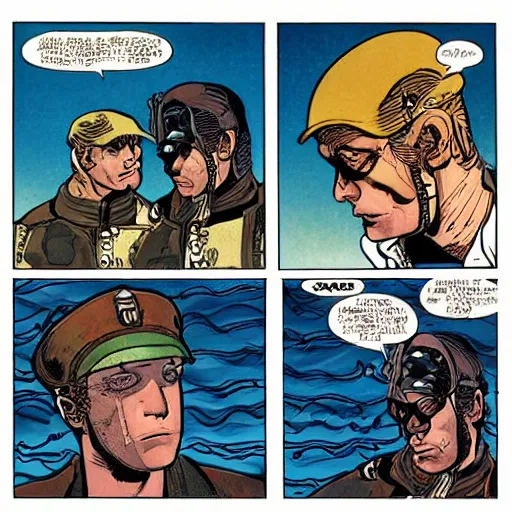 Image similar to two cods talking to eachother in deep sea, art by howard chaykin