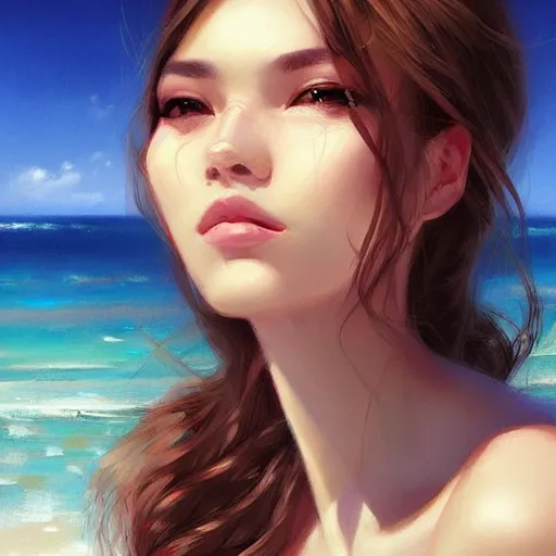 Prompt: portrait of beautiful woman on the beach, trending on artstation, digital painting by wlop, rossdraws, artgerm.