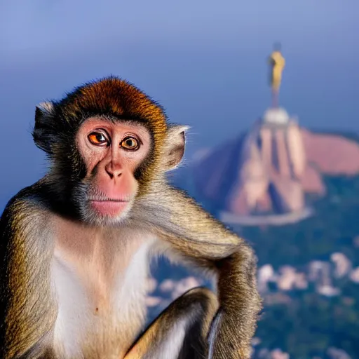 Image similar to high quality portrait of a monkey in front of Christ The Redeemer, studio photograph, photograph, realistic photo, 8k photo, 4k photo, stock photo, high resolution, cinematic shot, high detail