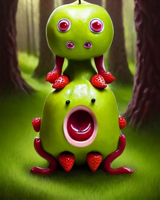 Image similar to portrait of a cute fruit figurine monster made of different fruit, standing in a forest, staring wide open eyes, open mouth, very detailed eyes, trees in the background, sunlight, oil painting, highly detailed, dramatic lighting, hyperrealistic, 8 k, smooth, intricate, artstation, cgsociety, by artgerm, by wlop