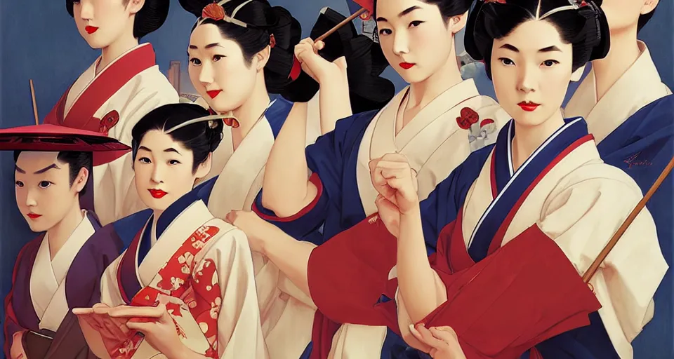 Image similar to geisha school, in the style of studio ghibli, j. c. leyendecker, greg rutkowski, artgerm