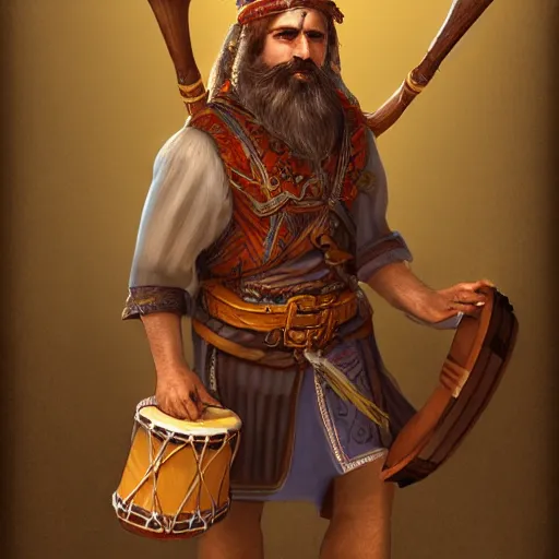 Image similar to Male Hashka (from D&D) bearded bard holding a drum, ornately dressed, standing in populated Baldur\'s Gate city square, hyperdetailed, artstation, cgsociety, 8k