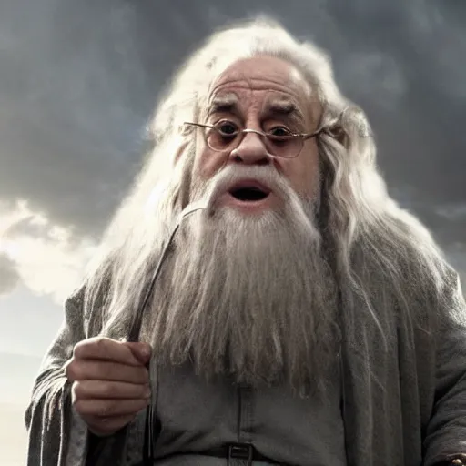 Image similar to movie still of danny devito starring as gandalf the white in the 2 0 2 4 lord of the rings movie, full body, hyper realistic, high quality, wide angle