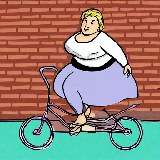 Prompt: your obese mother trying her best to ride a bicycle, digital art