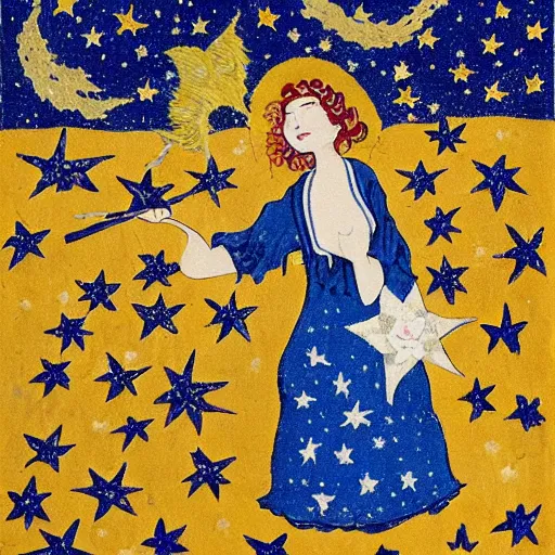 Image similar to The collage features a woman with wings made of stars, surrounded by a blue and white night sky. The woman is holding a staff in one hand, and a star in the other. She is wearing a billowing white dress, and her hair is blowing in the wind. leather, kokedama by Mark Briscoe terrifying