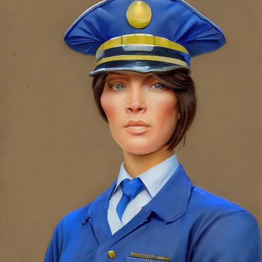 Image similar to epic portrait a slightly muscular woman wearing short sleeved uniform in blue and carrying a construction plan blueprint, detailed, centered, digital painting, artstation, concept art, donato giancola, Joseph Christian Leyendecker, WLOP, Boris Vallejo, Breathtaking, 8k resolution, extremely detailed, beautiful, establishing shot, artistic, hyperrealistic, beautiful face, octane render