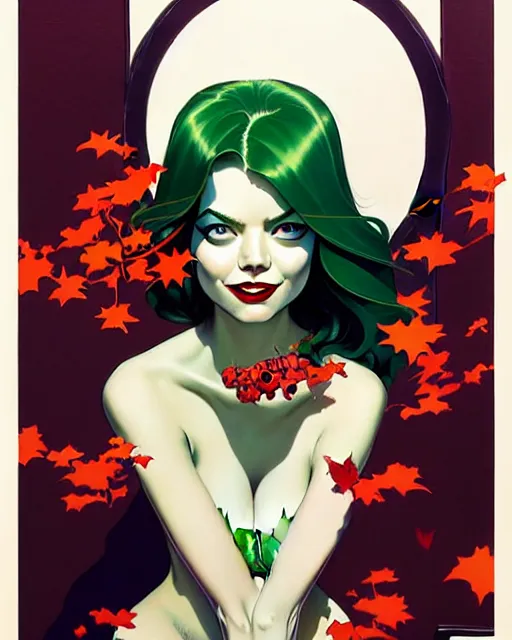 Image similar to joshua middleton, phil noto, norman rockwell, artgerm, rockabilly emma stone poison ivy dc comics, vines, symmetrical eyes, city rooftop