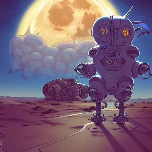 Prompt: a cell shaded cartoon lovecraftian pikachu mechanized demon martian robot, on a desert road, wide shot, in front of a big moon, muted colors, post grunge, josan gonzales, wlop, by james jean, victor ngai, hq, deviantart, art by artgem