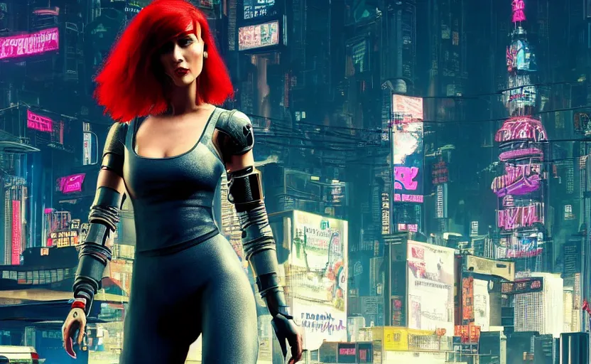 Image similar to woman that knows everything, but don't know what to do in cyberpunk 2 0 7 7 future city new york tokio, red short hair, slim body