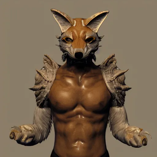 Image similar to highly detailed render of a man wearing a skull fox mask, vray render, unreal engine, highly detailed faces, thin body,