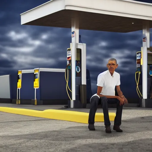 Image similar to barack obama wearing ripped jeans at a gas station, unreal engine, highly detailed render, 8 k