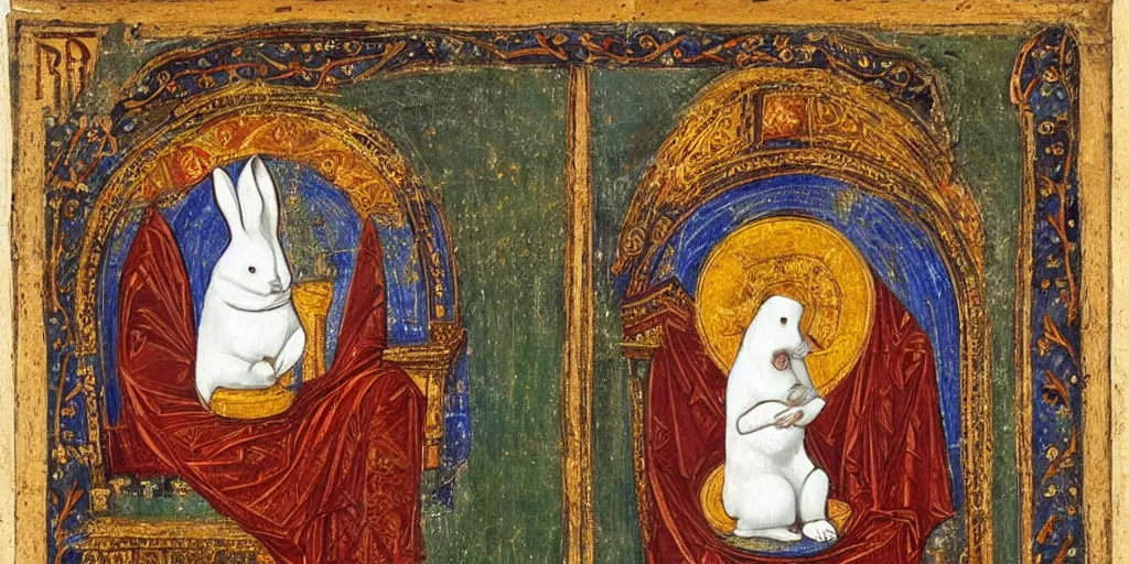Prompt: byzantine art showing a white rabbit seated on a throne