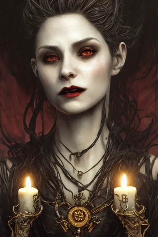 Image similar to portrait of a female vampire, intricate, dystopian terror, fangs, extremely detailed, digital painting, candles, sculpted in zbrush, artstation, concept art, smooth, sharp focus, illustration, chiaroscuro lighting, golden ratio, rule of thirds, fibonacci, incredible art by Stanley Artgerm Lau and Greg Rutkowski, composition by Alphonse Mucha and Simon Stalenhag