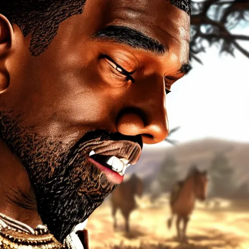 Prompt: kanye west as a horse in red dead redemption, splash art, movie still, detailed face, photorealistic facial features, cinematic lighting, dramatic, octane render, long lens, shallow depth of field, bokeh, anamorphic lens flare, 8 k, hyper detailed, 3 5 mm film grain