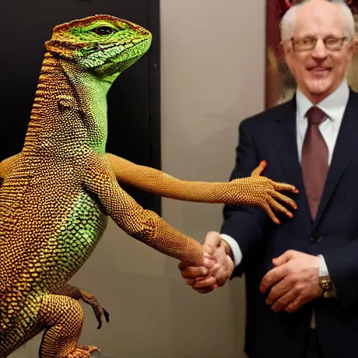 Image similar to A scary lizard person shaking hands with a religious icon, horror