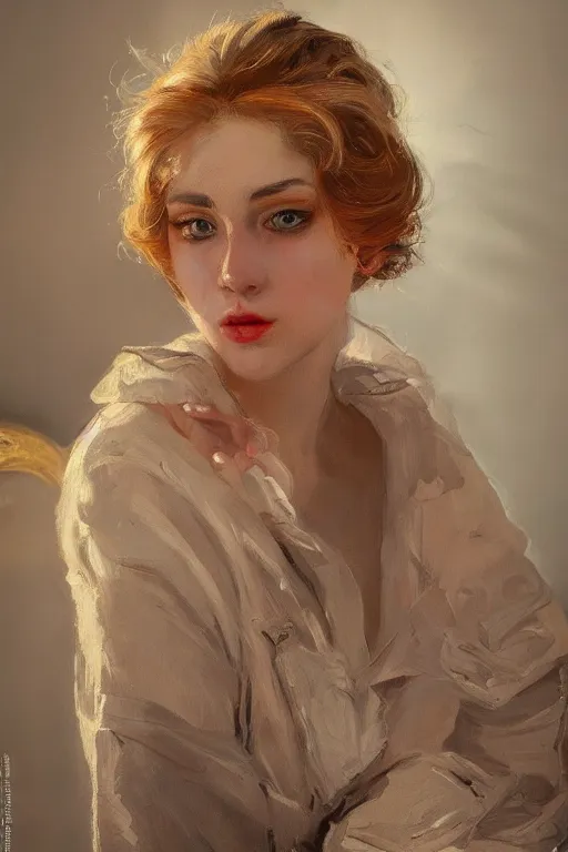 Image similar to a protrait of a young beautiful lady, in style of Valentin Serov, hypermaximalistic, high details, cinematic, 8k resolution, beautiful detailed, insanely intricate details, artstation trending, octane render, unreal engine