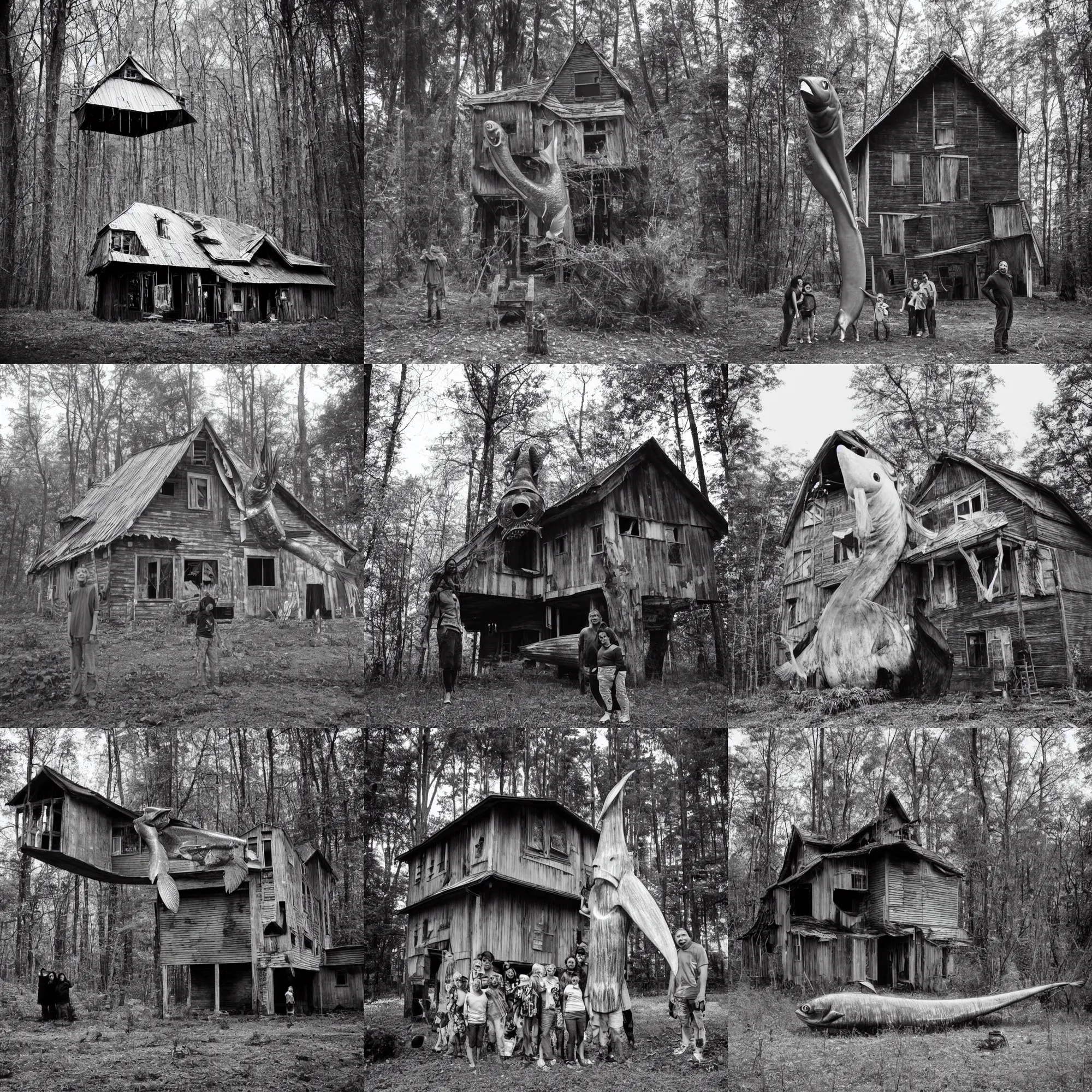 Prompt: an oversized fish is standing on its tail facing the sky. it dwarfs a happy human family, standing in front of the fish. an abandoned wooden house and a dense forest are in the background. grainy, black and white, eerie