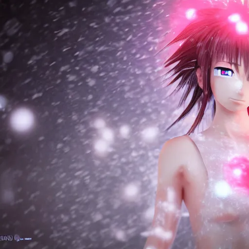 Prompt: photorealistic full shot of masterpiece angry anime girl, posing, electric aura with particles, snowing frozen ice, darkness background, inspired by masami kurumada, akira toriyama, detailed, unreal engine 4 k, volumetric light, fog
