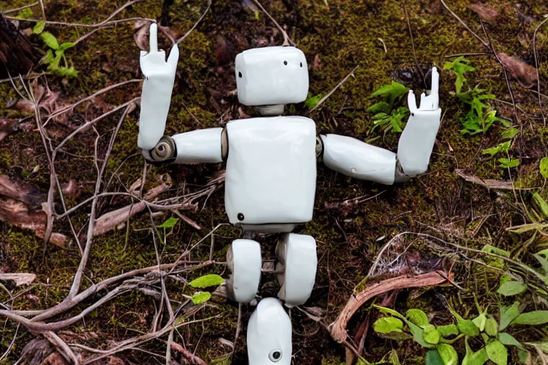 Image similar to a glazed wood - fired ceramic sculpture of a robot at the moment it gains sentience, emotional, sitting on the forest floor, high quality photograph, studio lighting, sigma 8 5 mm f / 8