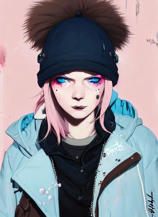 Image similar to highly detailed portrait of a street punk lady student, blue eyes, bubble jacket, hat, white hair by atey ghailan, by greg rutkowski, by greg tocchini, by james gilleard, by joe fenton, by kaethe butcher, gradient pink, black, brown and light blue color scheme, grunge aesthetic!!! ( ( graffiti tag wall background ) )