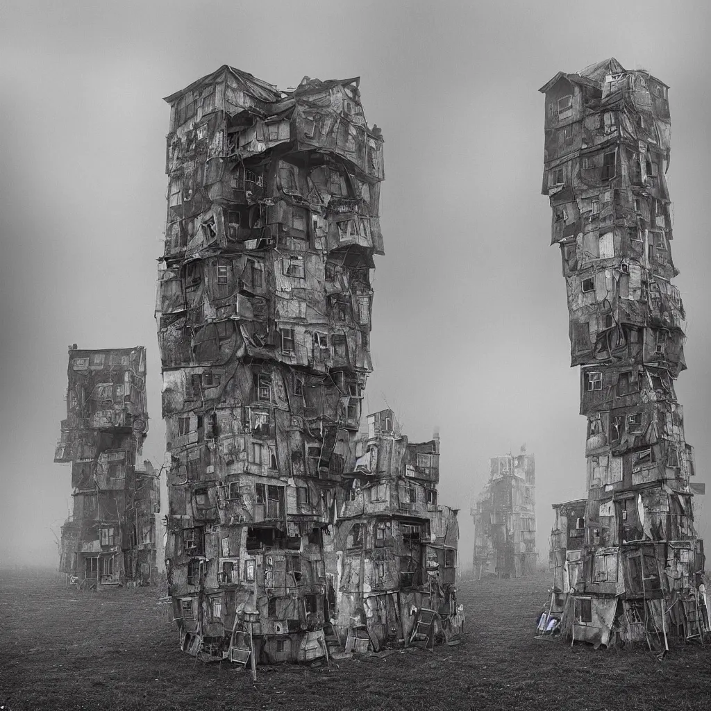 Prompt: two towers, made up of makeshift squatter shacks, misty, dystopia, mamiya rb 6 7, fully frontal view, very detailed, digital glitches, photographed by jeanette hagglund