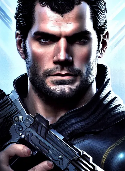 Image similar to portrait of Henry Cavill as a soldier character in Cyberpunk 2077, looking at camera, intricate, elegant, sci-fi, extremely detailed, digital painting, artstation, concept art, smooth, sharp focus, illustration, ambient lighting, incredible art by artgerm and greg rutkowski and alphonse mucha and simon stalenhag